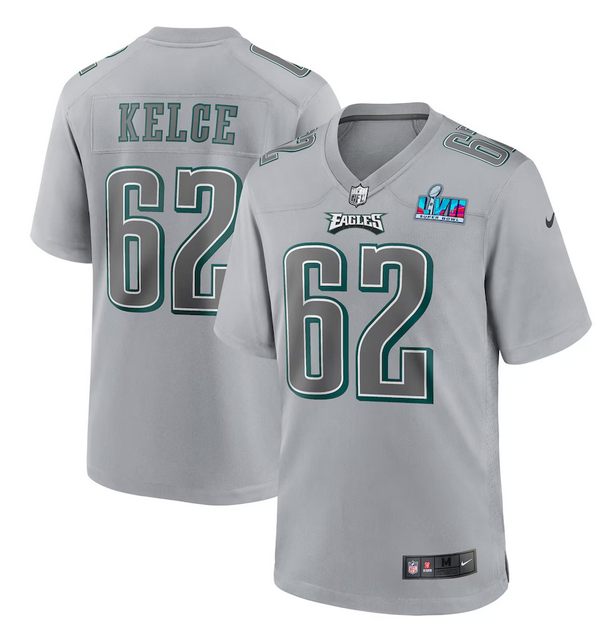 Men's Grey Philadelphia Eagles #62 Jason Kelce Super Bowl LVII Patch Atmosphere Fashion Stitched Game Jersey
